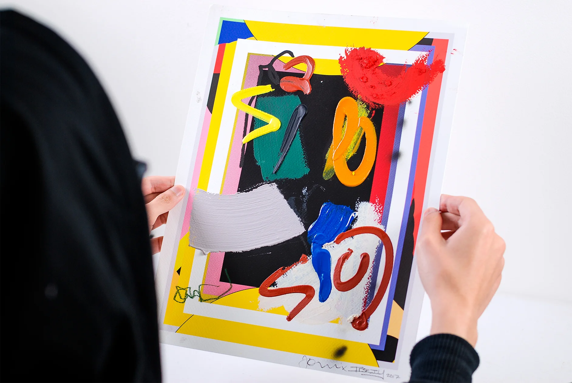 Acrylic, enamel, oil stick, pencil on giclee print. 2018