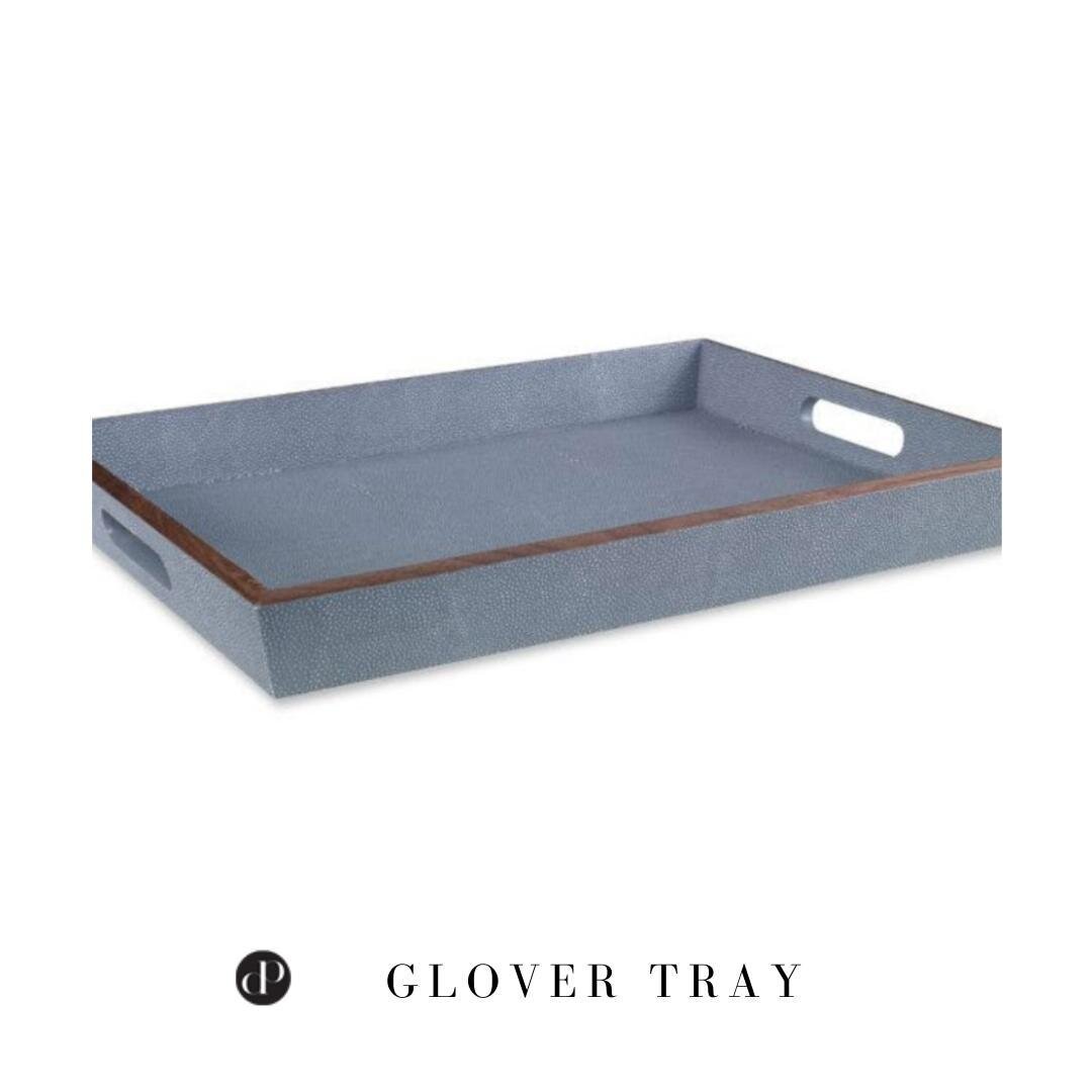 Where fashion meets function. The GLOVER TRAY serves up some serious style for everyday d&eacute;cor, with it's naturalistic features and modern edge.

Gray faux shagreen with two cut out handles and light wood trim. &gt;&gt;Dimensions: 22&rdquo; L x