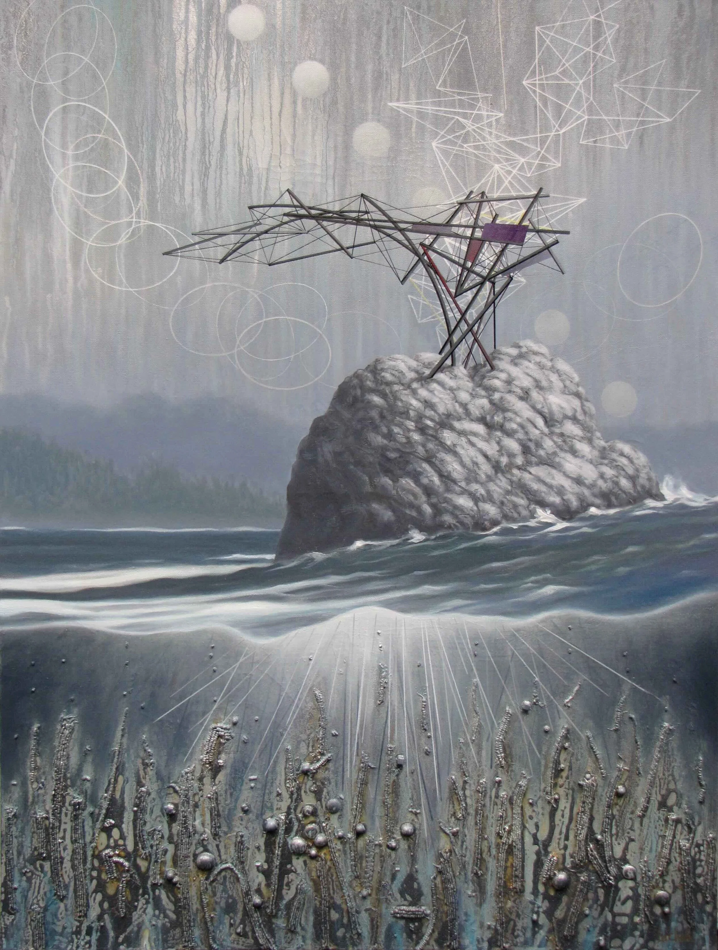  #279 ocean rock with sculpture 40×30 mixed media on canvas 
