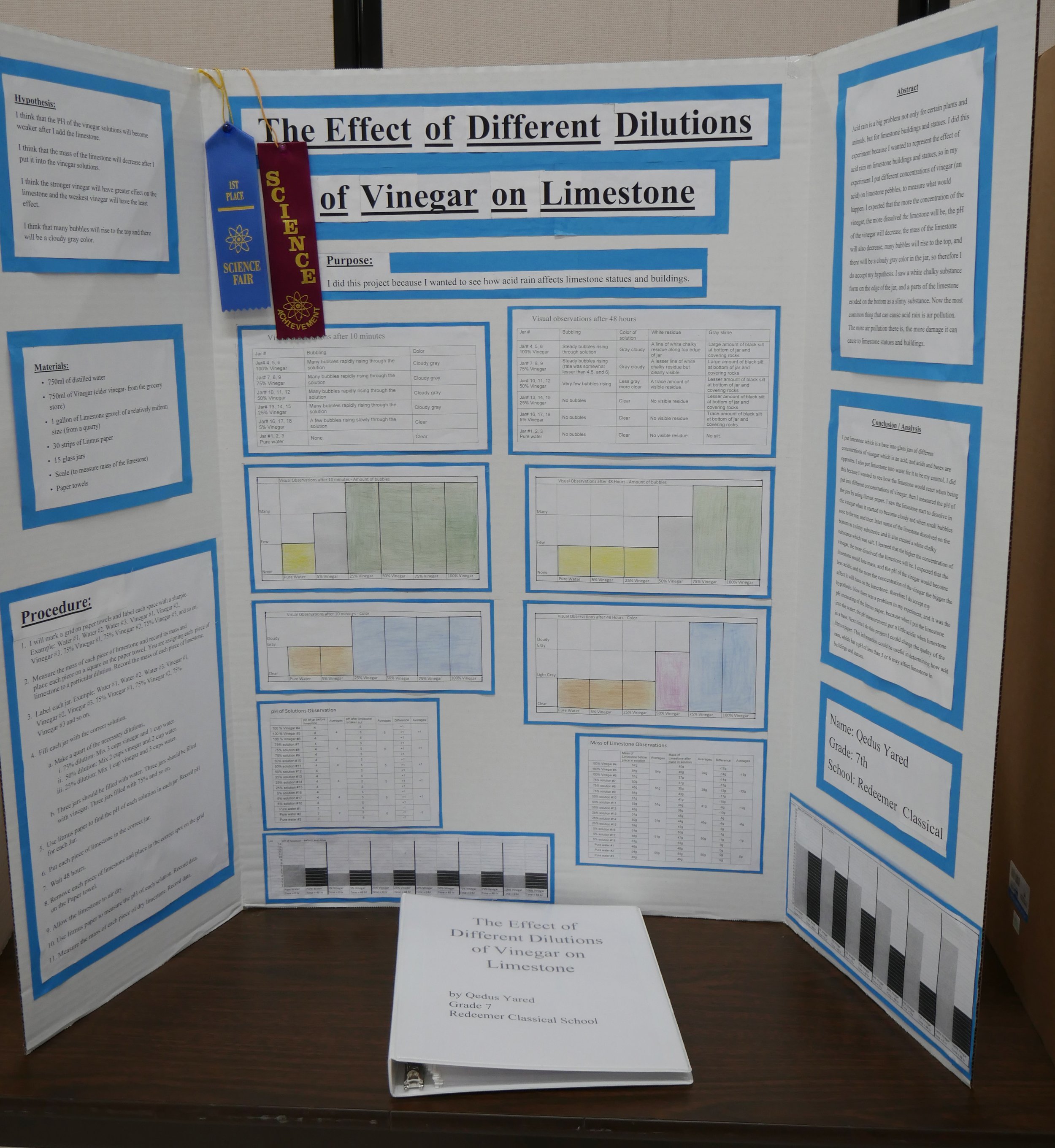  1st Place  |  Earth and Environmental Science: Qedus Yared, “The Effect of Different Dilutions of Vinegar on Limestone” 