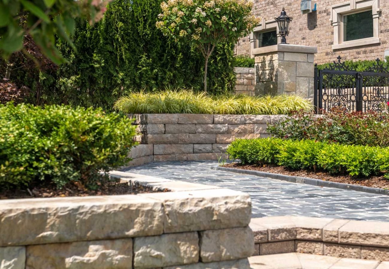 Landscape design with retaining wall in Newton, MA