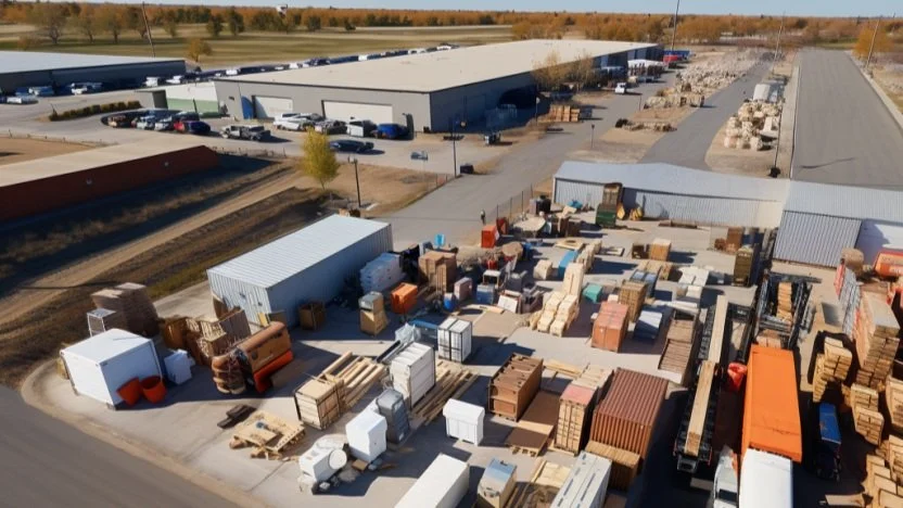 Aerial view of a fully utilized industrial outdoor storage yard demonstrating high tenant density