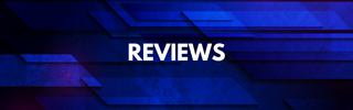 The image shows a blue background with the word "REVIEWS" in white, bold letters.