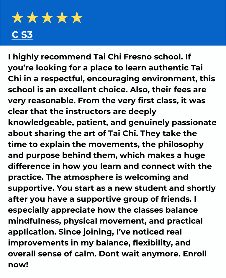 Online review recommending Tai Chi Fresno school, highlighting the quality of instructors, affordable fees, supportive environment, and personal benefits including improved balance, flexibility, and calmness.
