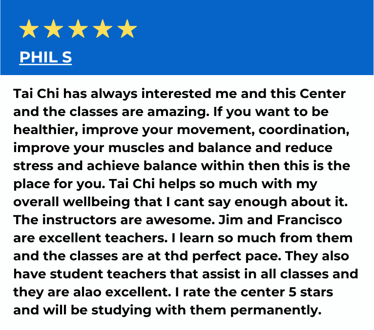 Five stars above a review for Phil S praising Tai Chi classes for health, balance, coordination, followed by a detailed positive testimonial about the instructors and personal benefits.