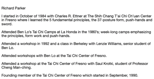 Image contains a text biography of Richard Parker detailing his training and workshops in Tai Chi from 1984 to 1992, including his instructors, camps, workshops, and founding of the Tai Chi Center of Fresno.