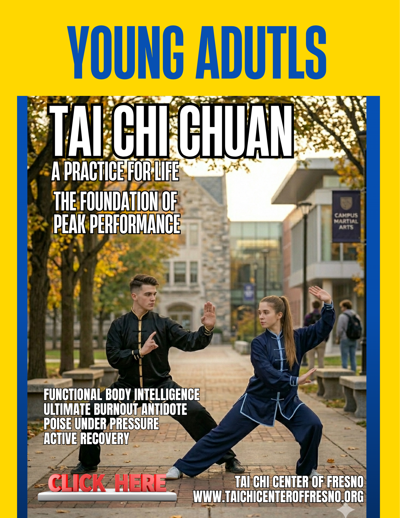 Promotion poster for Tai Chi Chuan featuring a male and female practicing martial arts outdoors, with text about benefits and a call to action, on a campus setting with trees and buildings.