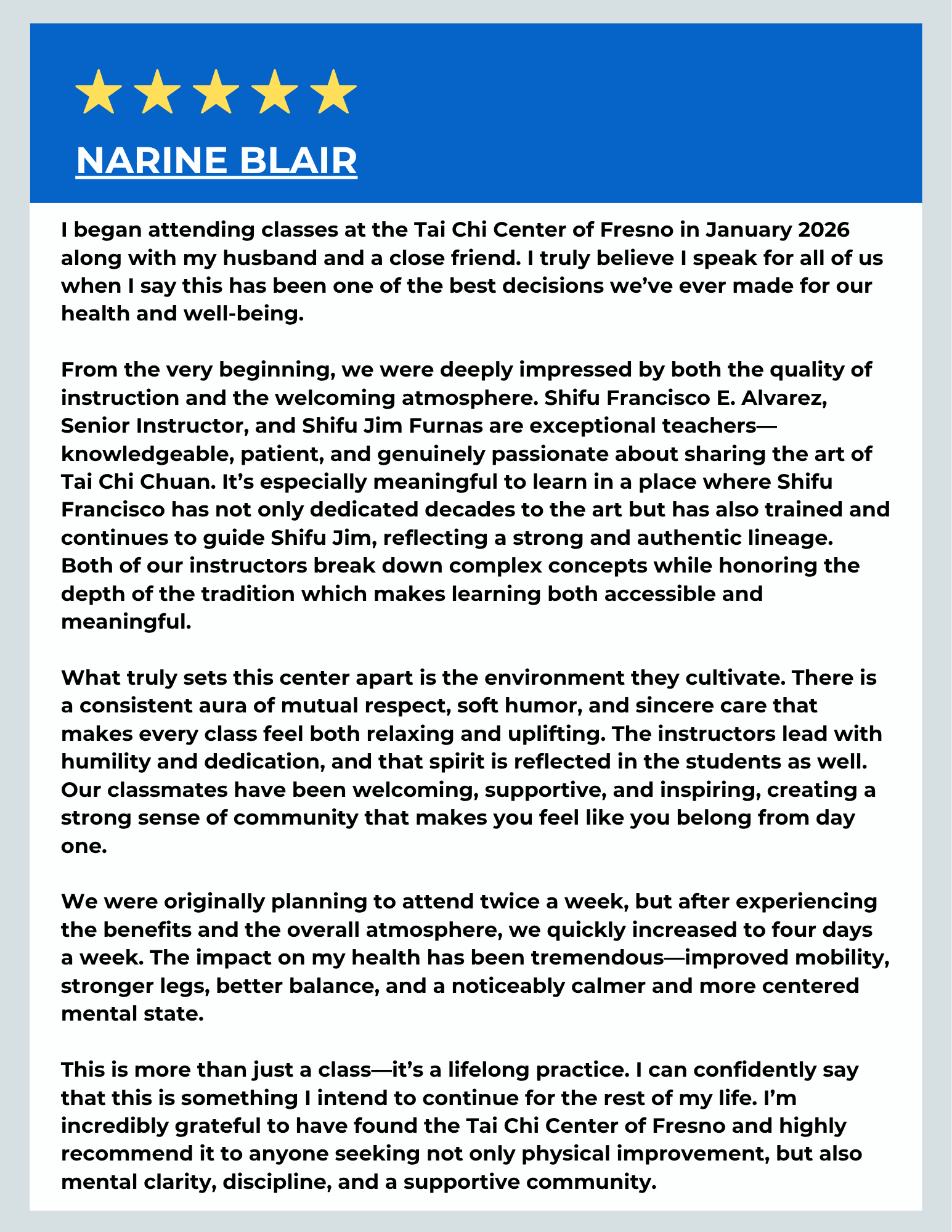 A testimonial from Narine Blair praising the Tai Chi Center of Fresno, highlighting the quality of instruction, respectful environment, and health benefits.