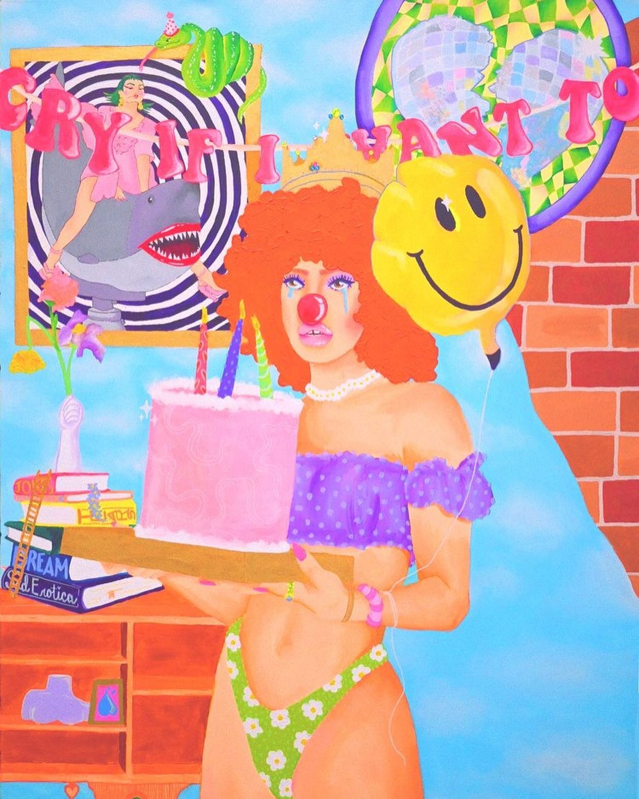 Pity Party, 2021🎈🪩🎂🐍
Acrylic on Canvas.
This one&rsquo;s for my sad hawt girls who are a little bratty with big hearts so they end up with cake on their face at the expense of their feelings sometimes💕