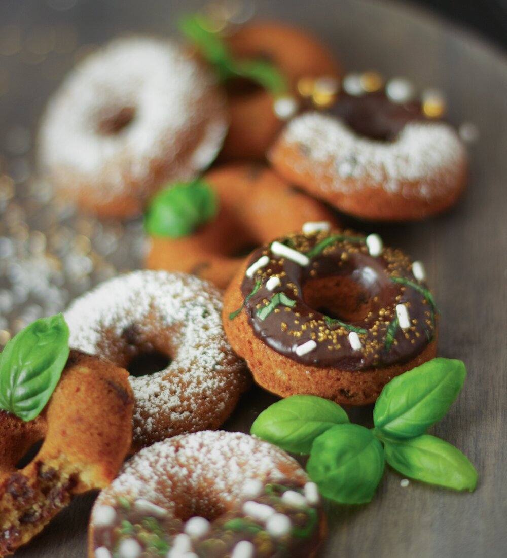 Mini Cookie Donuts w/ Chocolate Basil Glaze