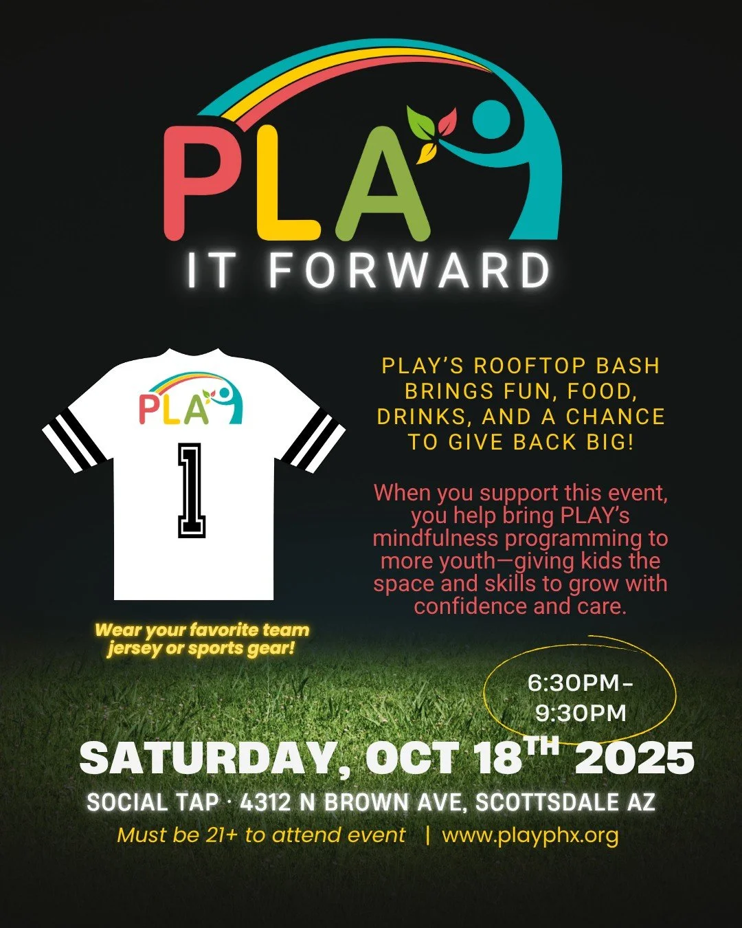 🎟️ Tickets drop next Tuesday!
Join us for PLAY It Forward&mdash;a rooftop fundraiser full of fun, food, and giving back.
🗓️ Oct 18 | 🏟️ Social Tap, Scottsdale
✨ Dress code: Your fave team gear!
📢 Mark your calendars&mdash;don't miss out!
 #mindfu