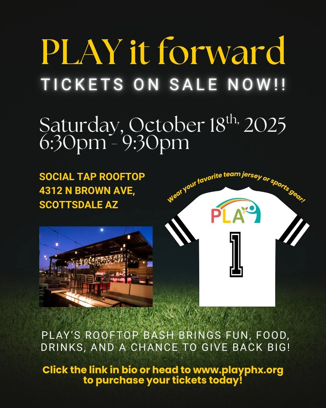 🎟️ Tickets are officially on sale! PLAY it Forward, our 2025 fundraiser with rooftop views, tailgate vibes, and a night to support mindfulness programs for youth. October 18th, 6:30&ndash;9:30pm at Social Tap Scottsdale. 
Get your tickets today by c