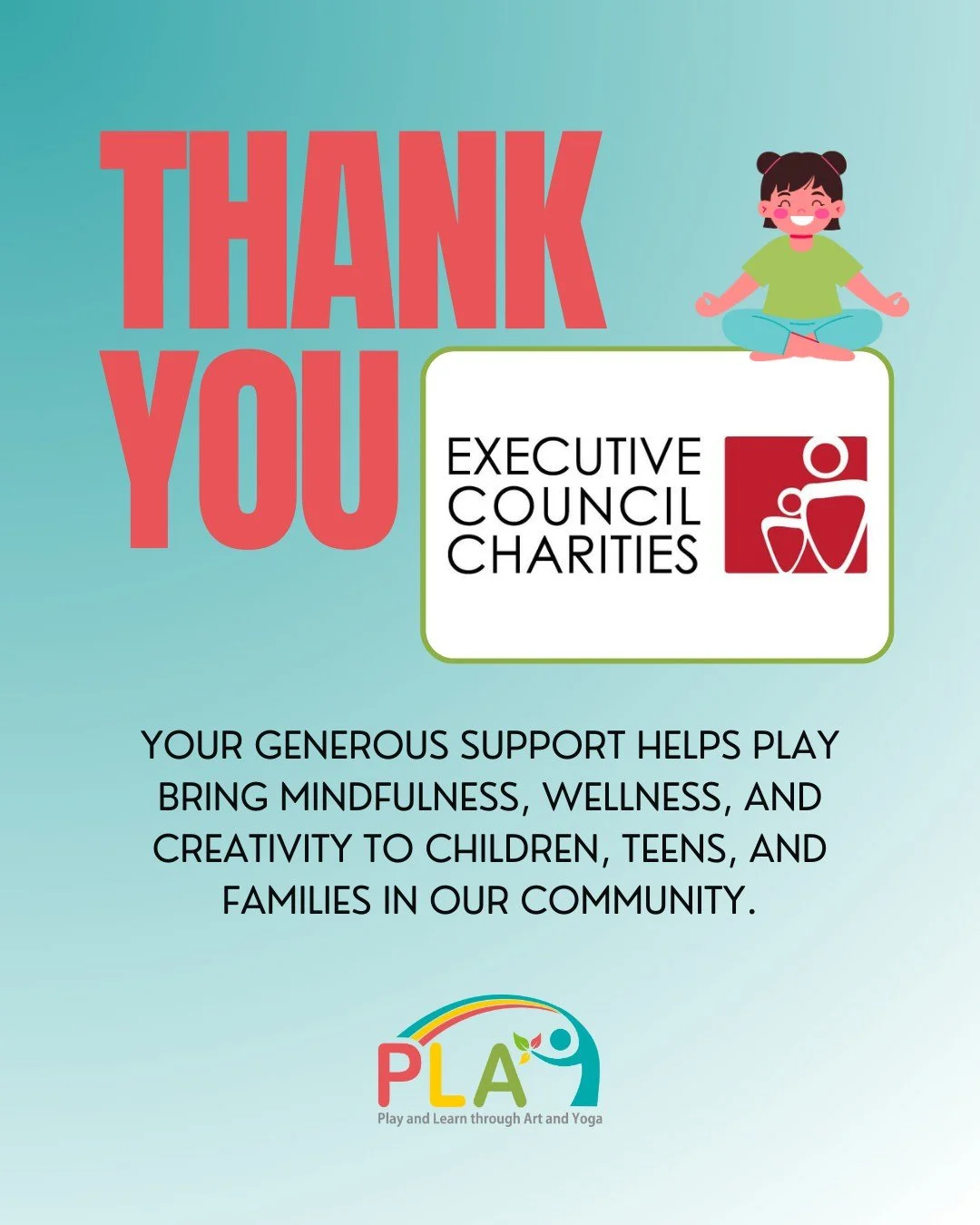 We are so grateful to Executive Council Charities for their generous grant to PLAY! Your support allows us to expand our programs and provide resources that help children and families thrive. 💙 #CommunitySupport #MindfulnessForKids #PLAYStrong @exec
