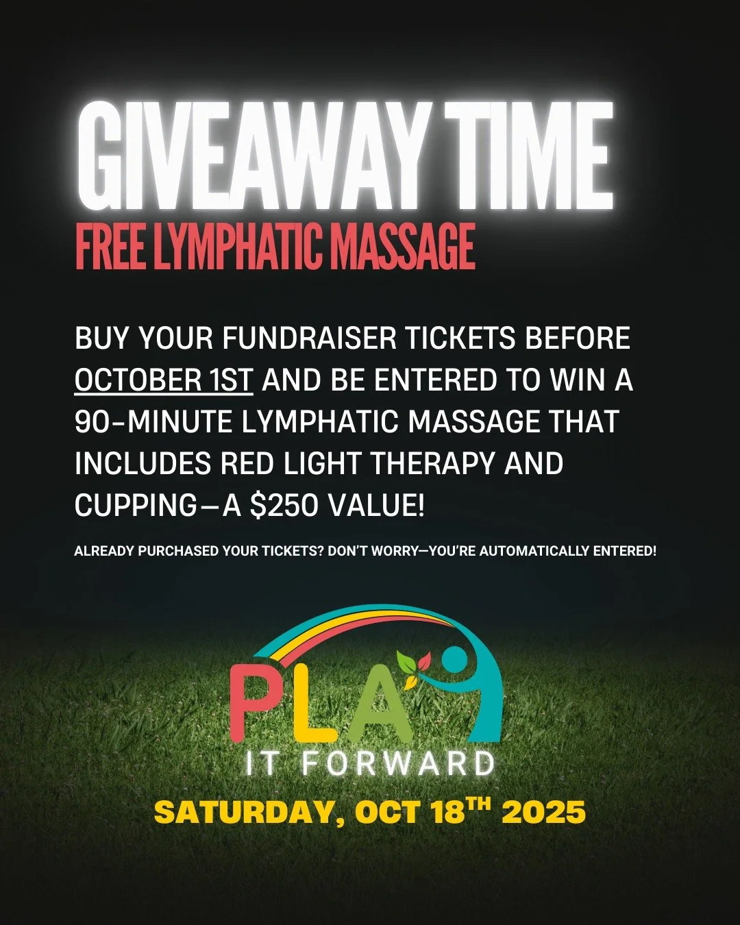 🚨 Don&rsquo;t wait&mdash;buy your PLAY it Forward tickets before October 1st and get entered to win a 90-minute lymphatic massage package ($250 value)! Already purchased? You&rsquo;re automatically entered! 🙌

Head to the link in our bio to purchas
