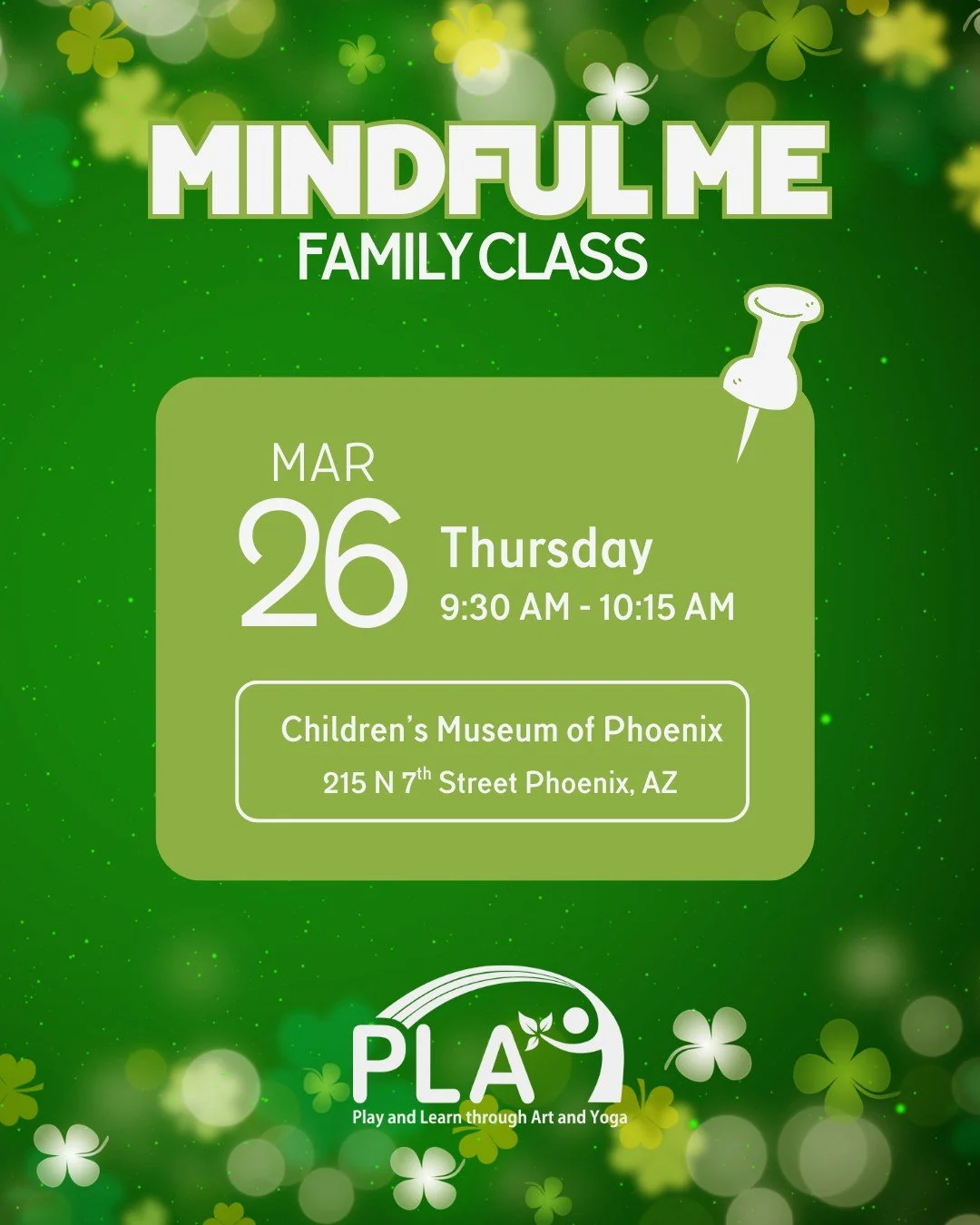 Our March Mindful Me Family Class is right around the corner. 🍀
At PLAY, we believe feeling lucky often comes from appreciating the good in your life and the quiet moments of mindfulness. Join us as we explore gratitude, connection, and the simple j