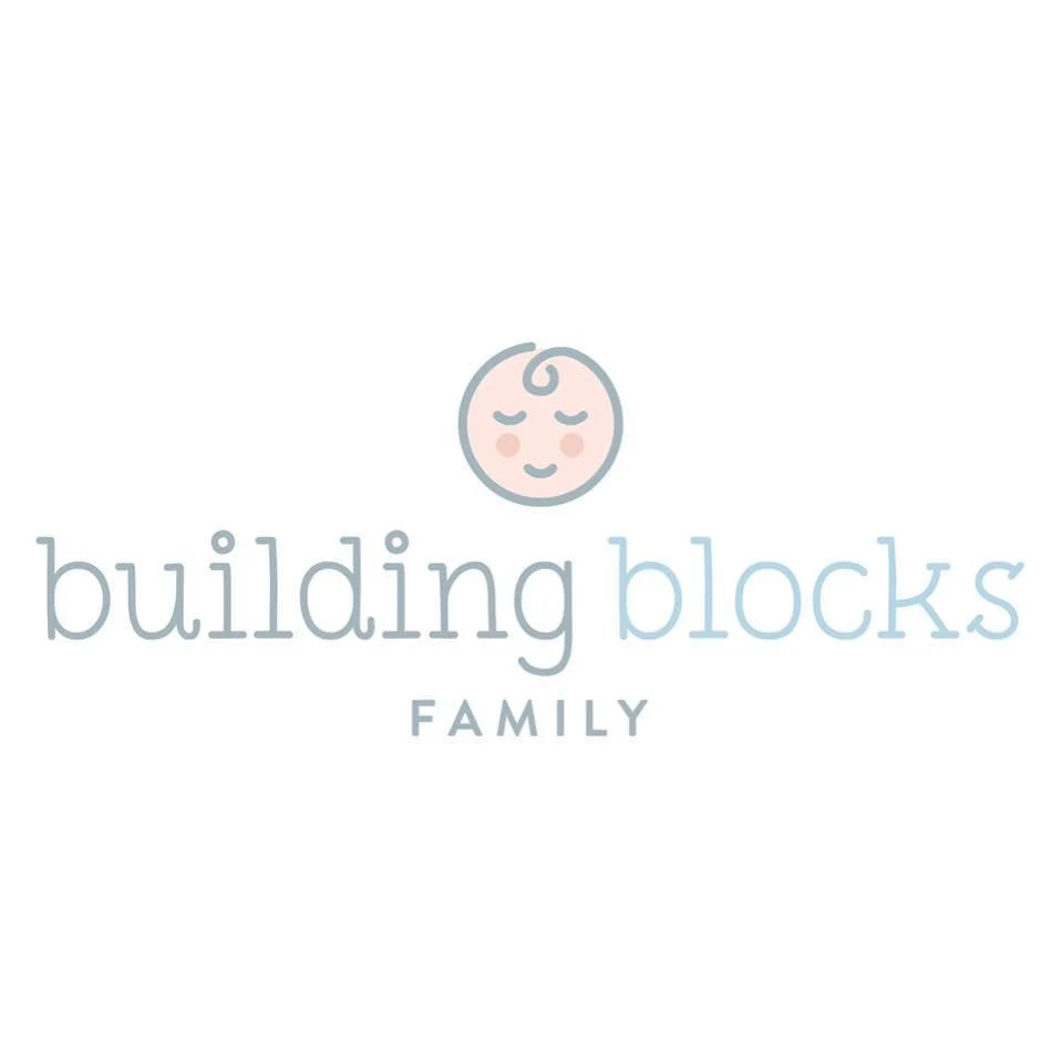 Logo with a smiling baby's face above the words 'building blocks' in light blue and gray, and 'FAMILY' below in gray.