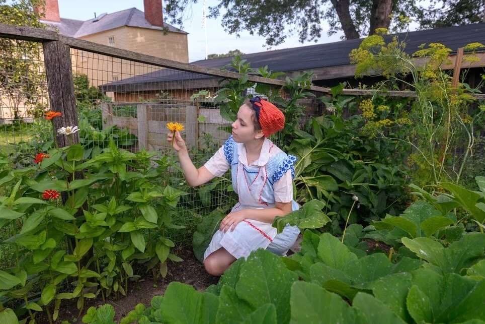 A history actress in character at Strawbery Banke Museum tends her WWII-era victory garden. Courtesy photo by David J. Murray/ClearEyePhoto.com.