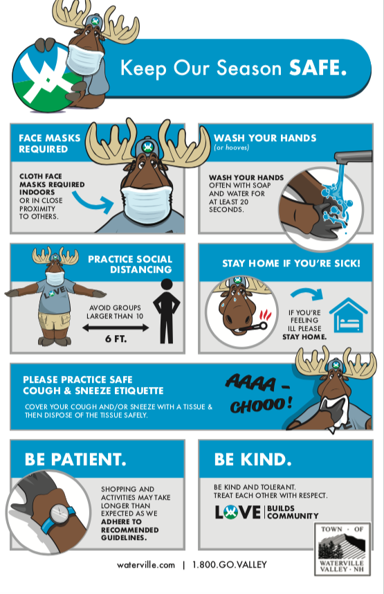Image courtesy of Waterville ValleyWaterville Valley has many different posters around the resort to emphasize social distancing and wearing masks.