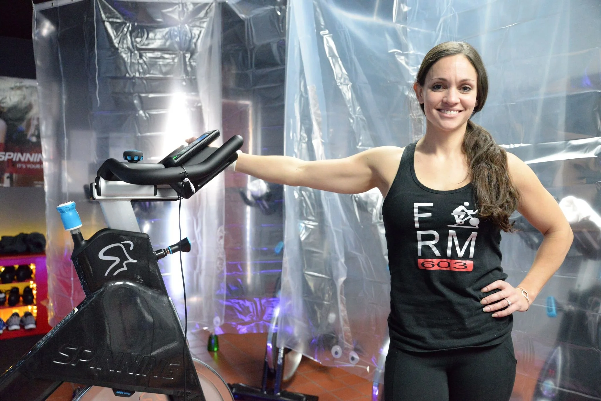Owner of Form 603 Personal Fitness & Cycling Studio in Keene, Ryann Singleton, has set up individual bubble barriers around the spin bikes in her studio using shower curtains to provide an extra level of comfort and safety for participants.