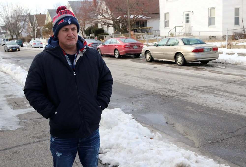  Photo by Allegra Boverman. Carl Connor of Manchester is part of the street outreach at My Turn in Manchester. He is standing close to the spot on the roadway on Central Street between Beech and Maple streets, where his son Jaden, 17, was killed. 
