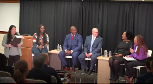  Panel members, from left to right:  Jasmine Torres , moderator, NHPBS;  Ronelle Tshiela , Co-Founder of Black Lives Matter Manchester;  Eddie Edwards , NH Assistant Commissioner of Public Safety;  John Scippa , Director of NH Police Standards and Tr