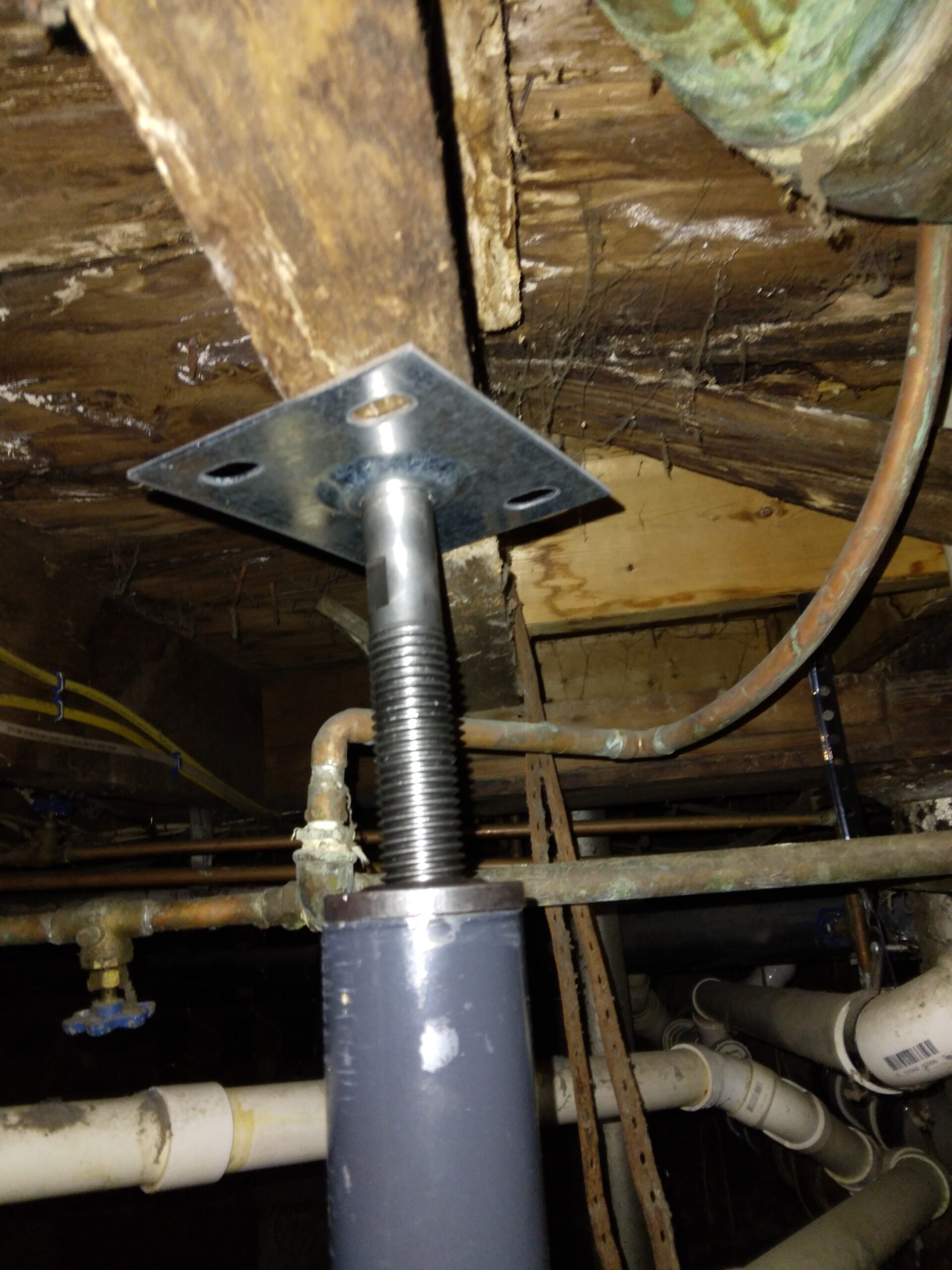   Rackliff’s landlord used a jack to hold up the broken beam. Courtesy Photo  
