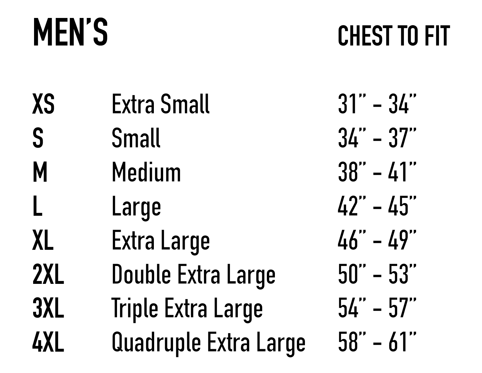 Mens Extra Small Size Chart