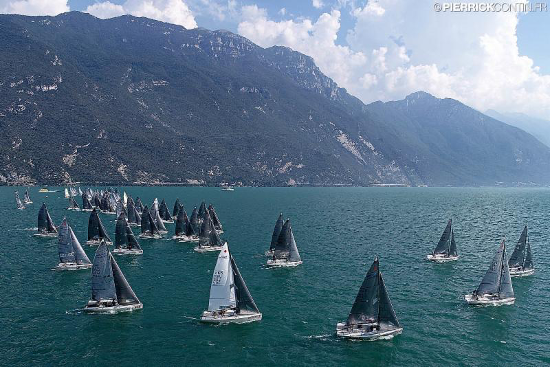 Melges 24 fleet on Lake Garda at the 2018 Melges 24 Europeans in August 2018. Photo (c) Pierrick Contin
