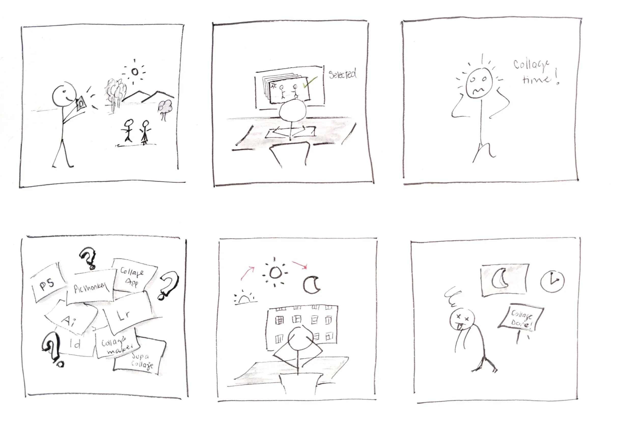 The storyboard shows a day in the life of a family portrait photographer who struggles when it is time to make collages.