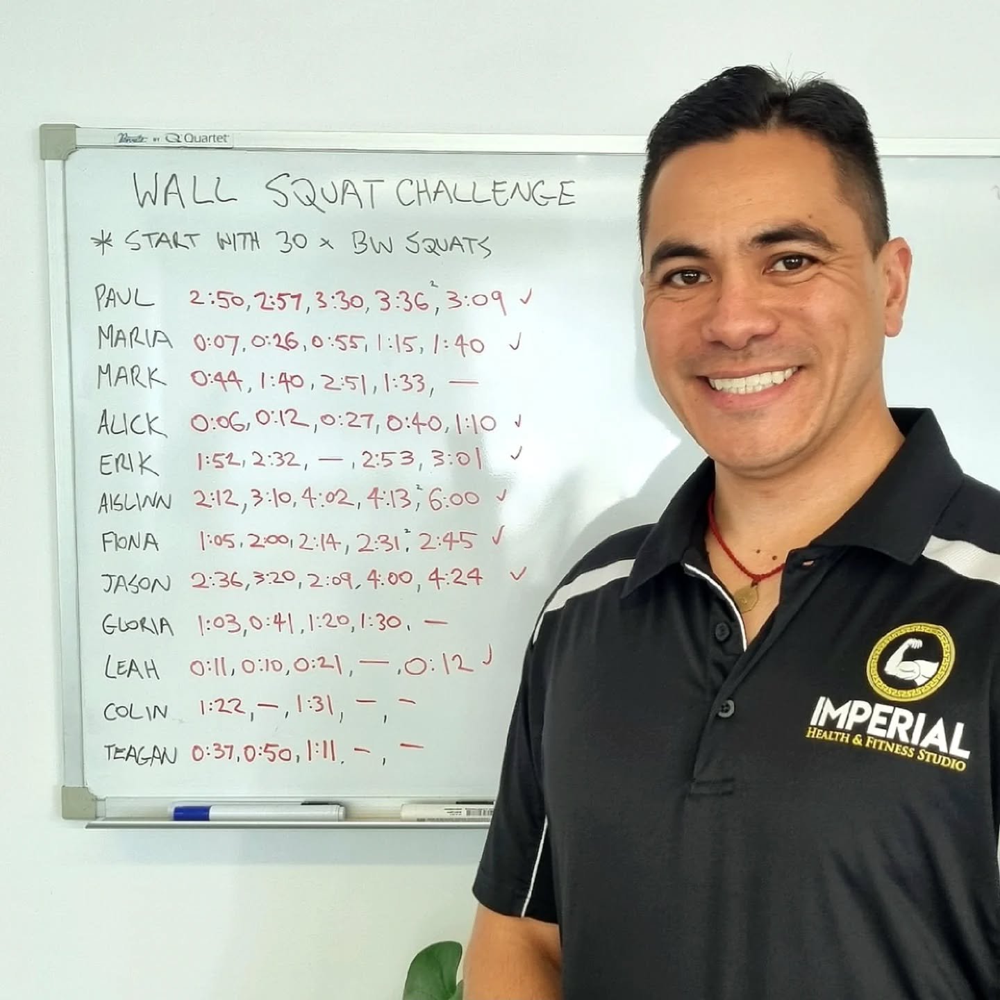 5 Week Wall Squat Challenge 😬

- Start with 30 x Body Weight Squats, then begin Wall Squat for as long as possible.
- Heels positioned under knees, Knees at 90&deg;, Back against the wall, and do not touch your legs.
- Goal is to increase your time 