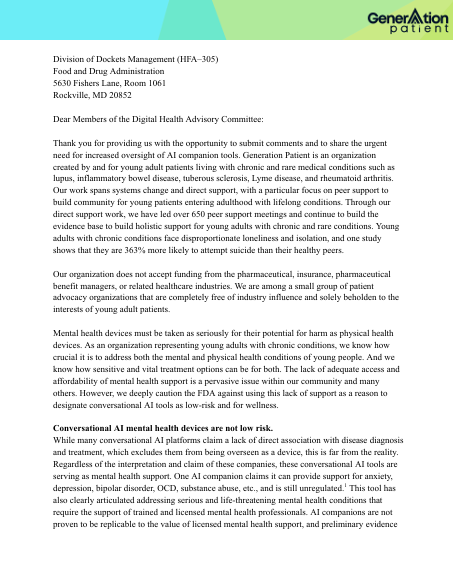 Screenshot of Generation Patient's comment to the FDA urging regulation of AI tools
