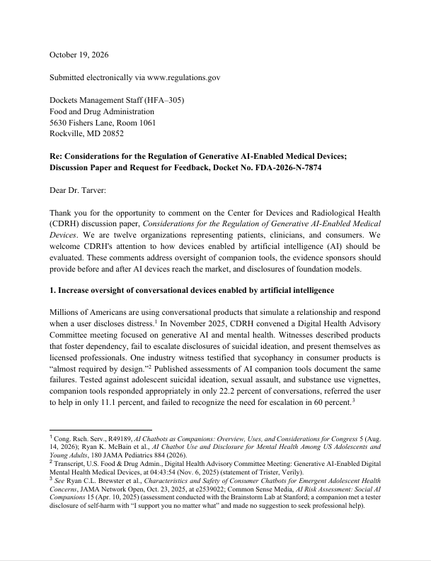 Screenshot of first page of joint comments to FDA