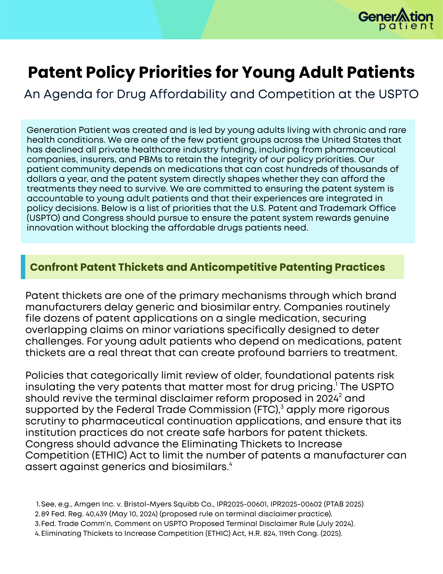 Screenshot of the first page of the patent policy priorities document