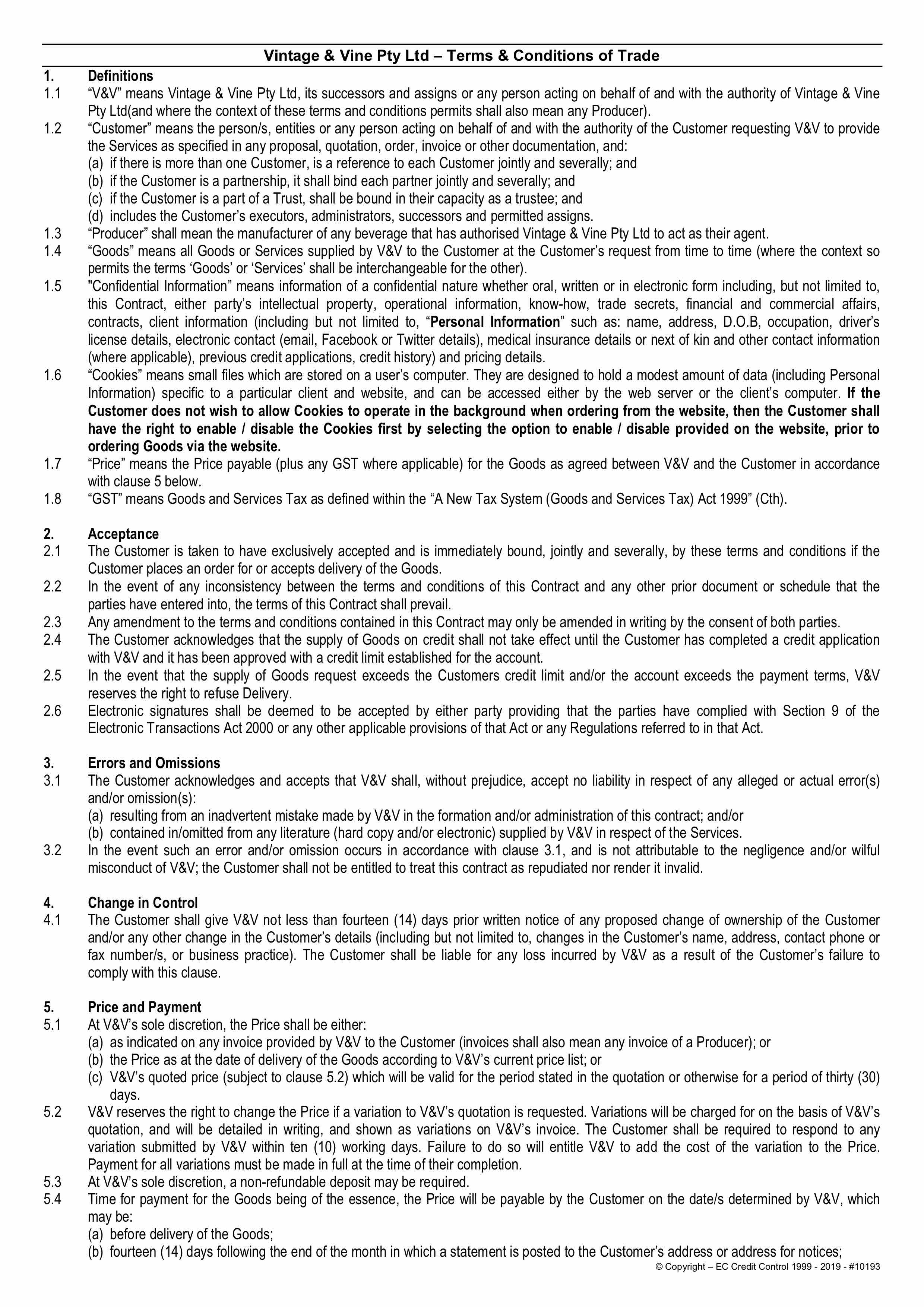 V&amp;V Terms &amp; Conditions of Trade