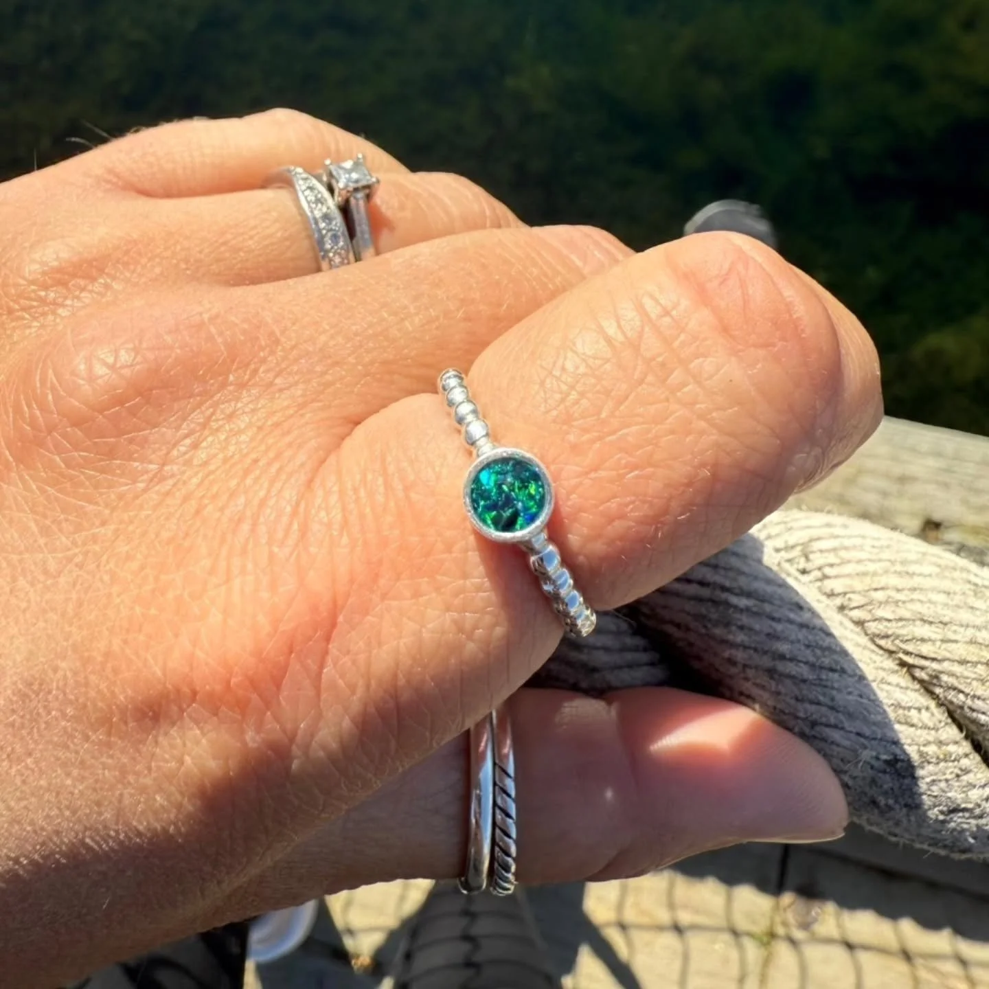 WOW! Sterling Silver beaded ring, hand set with crushed black opal shinning the most intense rich blues &amp; greens ~ and holding onto a much loved and very missed ones hair xXx forever grateful I'm asked to create such beautiful, personal, loving p