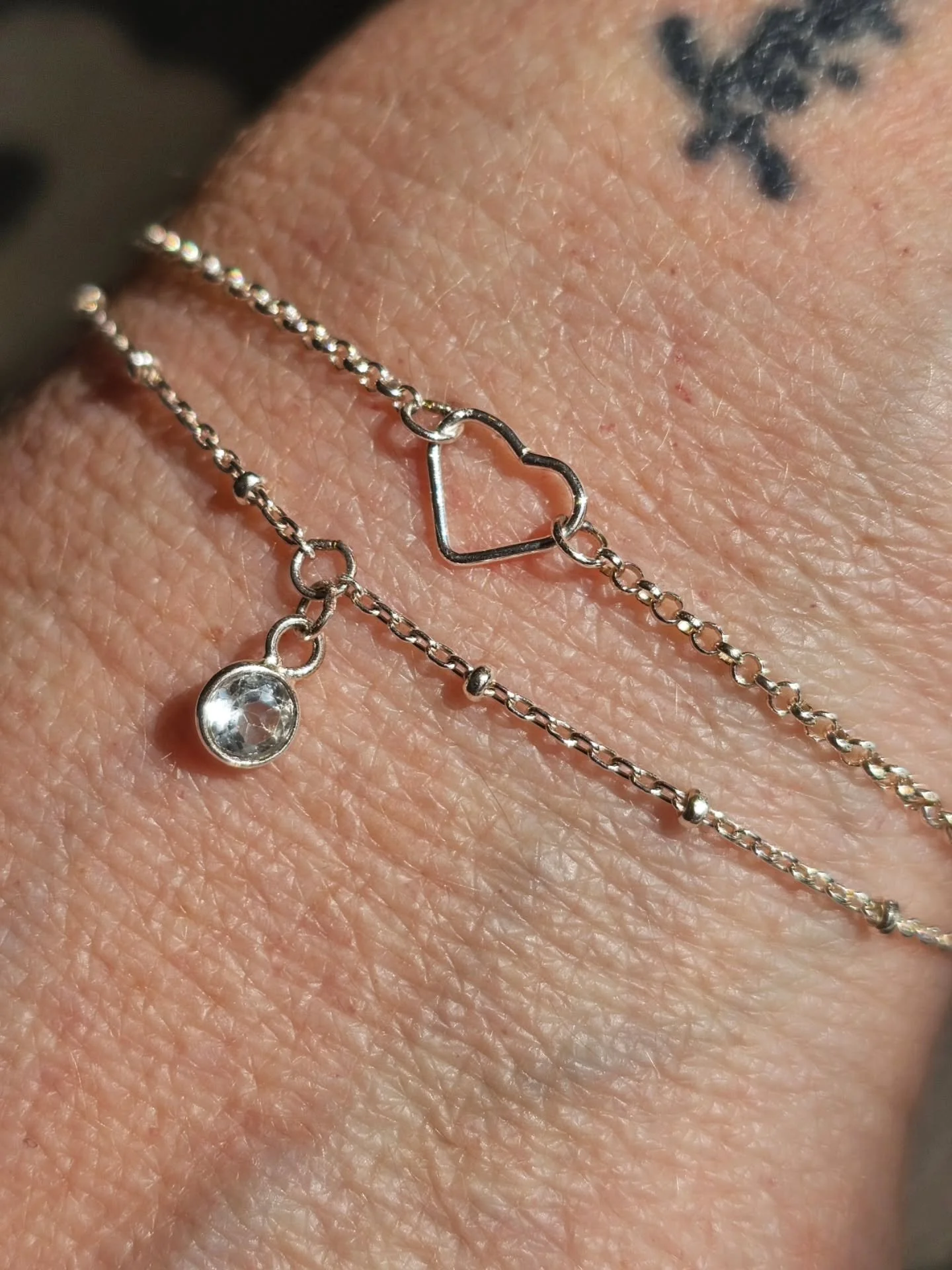 Beautiful Permanent bracelet set ~ a fine belcher with heart connector charm and the beaded chain, with a shimmering soft blue crystal drop charm xXx a lovely birthday present xXx Thank You for letting me create x and so lovely to see you all again..