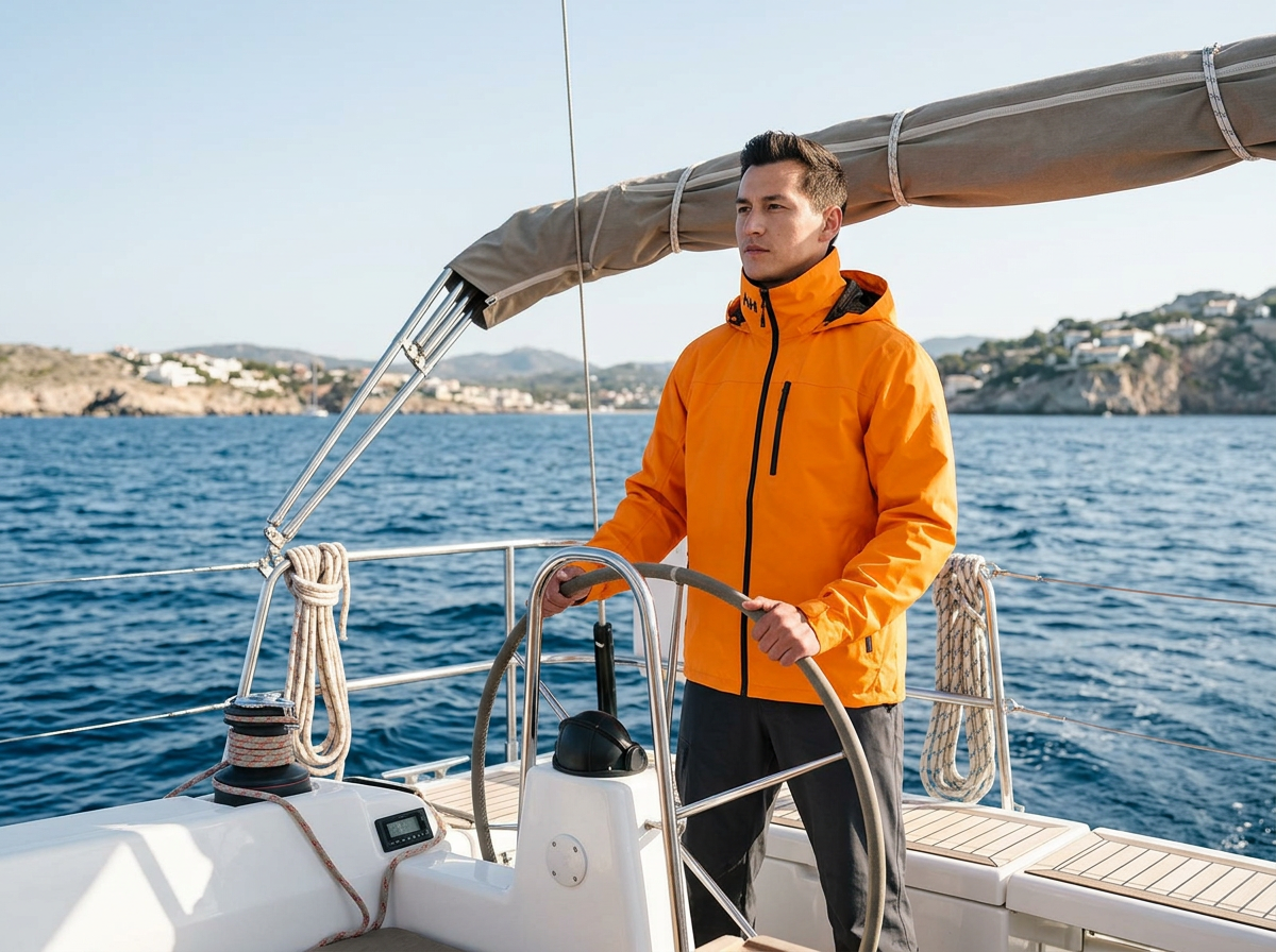 A man controlling a sailboat in open water with a coastline and houses in the background, wearing an orange jacket. Żeglarz w pomarańczowej kurtce żeglarskiej prowadzący jacht na wodach przybrzeżnych, z oddali widać domy na wybrzeżu.