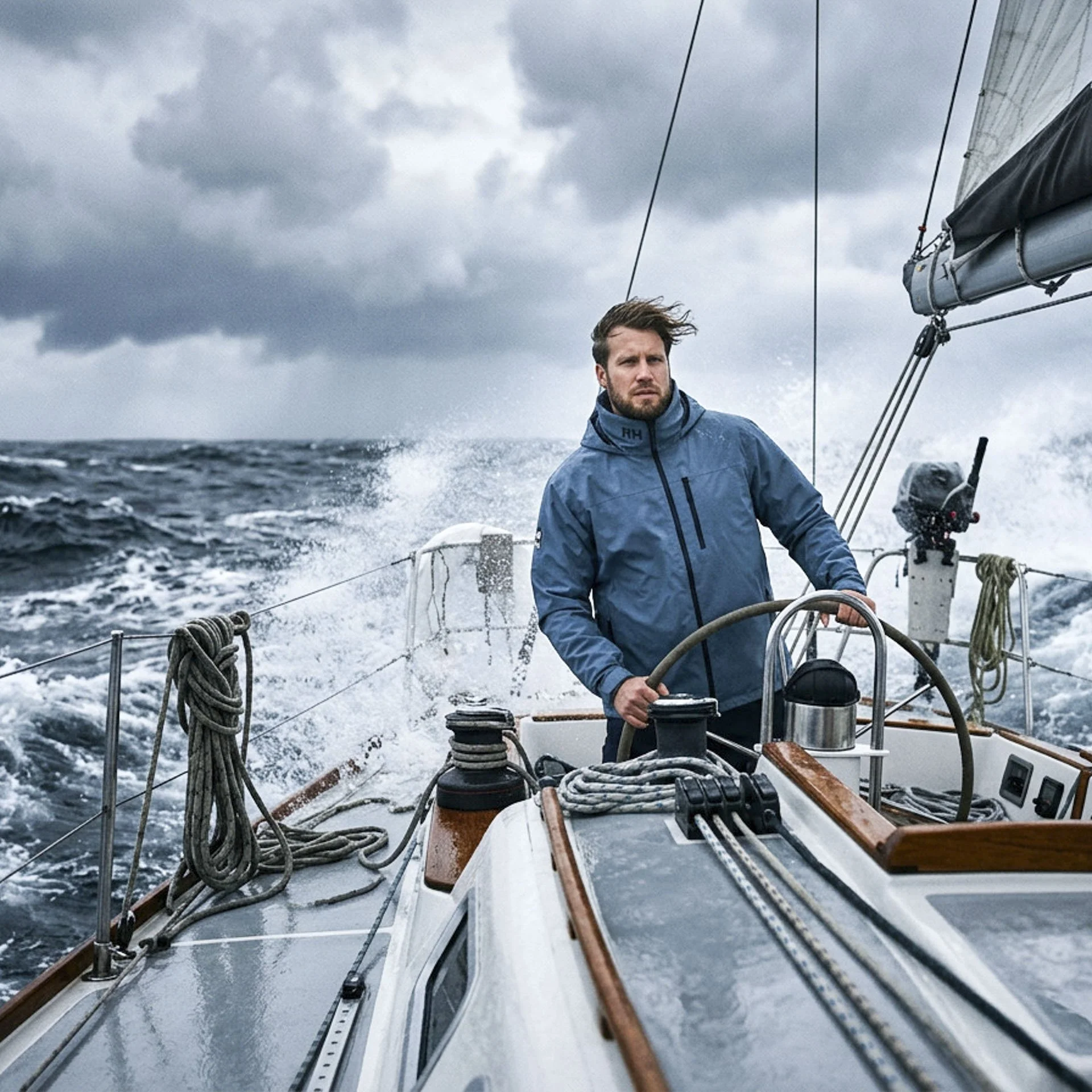 Man steering a sailboat on choppy waters under dark, cloudy sky. Żeglarz sterujący jachtem w trudnych warunkach pod sinym, zachmurzonym niebem