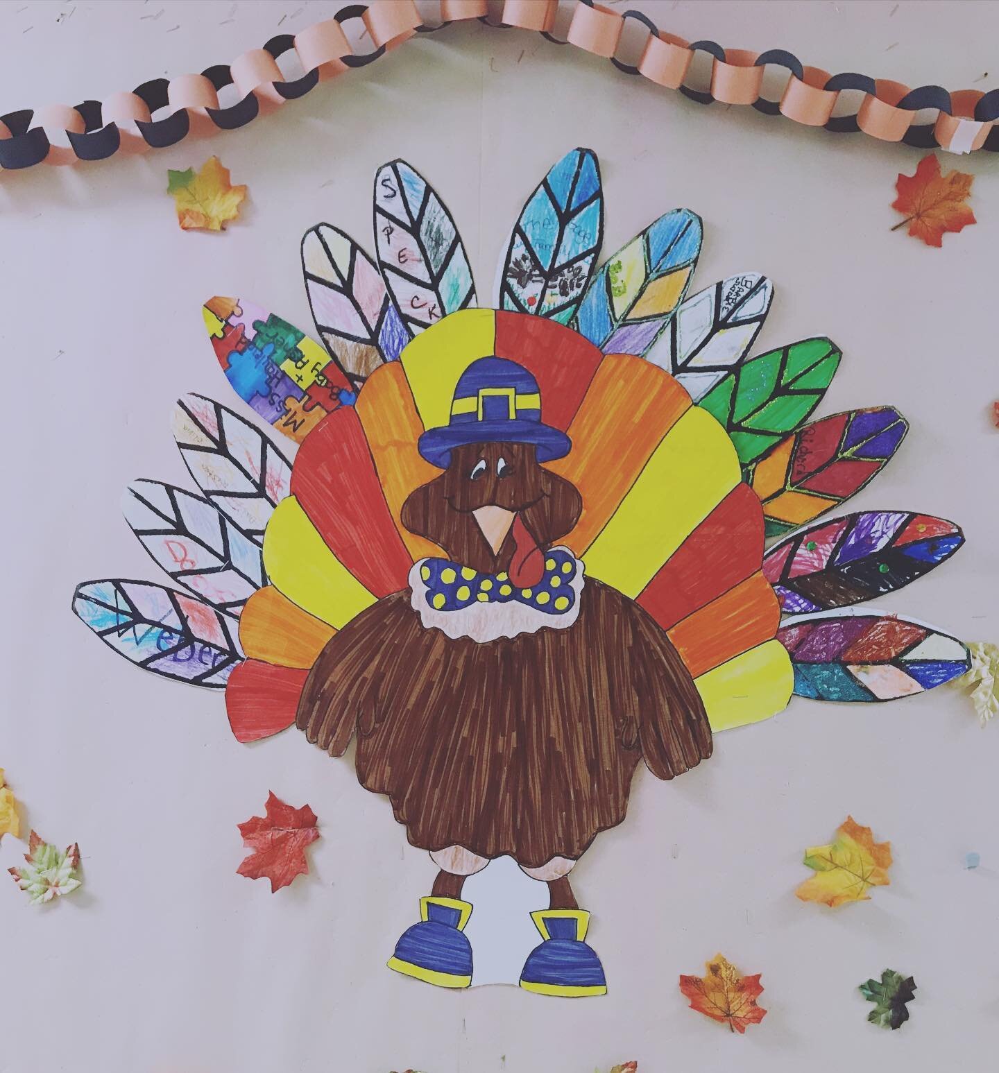 Here&rsquo;s our annual turkey that we have posted on our bulletin board at the center every year. We send home blank feathers to the children and the Adult Seniors as an intergenerational project.  Each family decorates the feathers and they are add