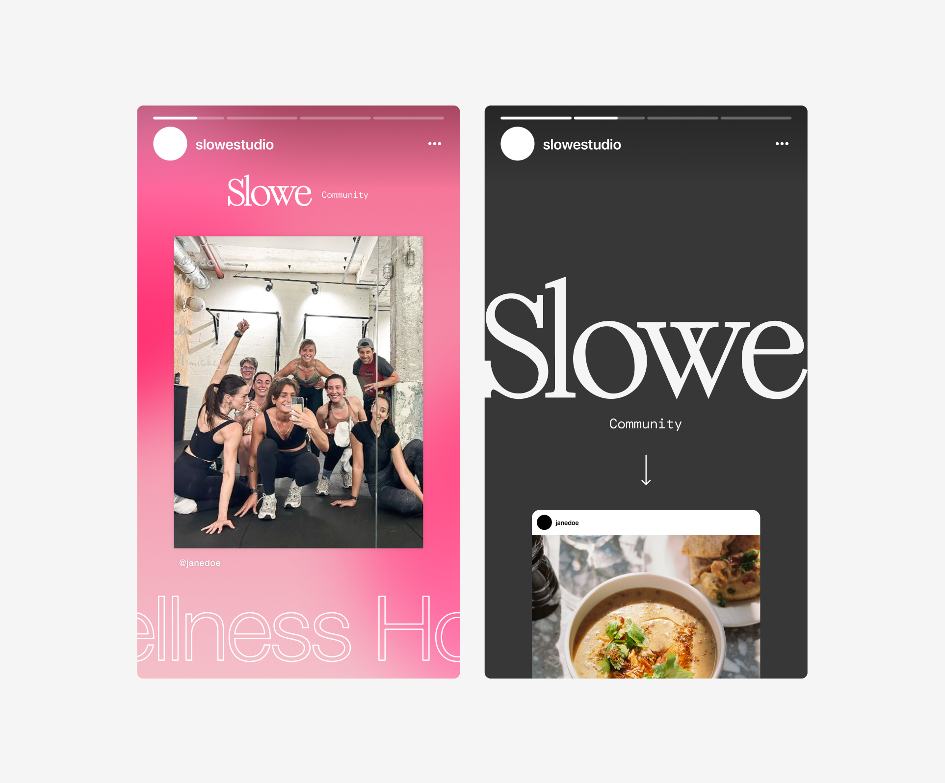  Several examples of designs for the studio’s Instagram stories, reels, feed posts, etc. 
