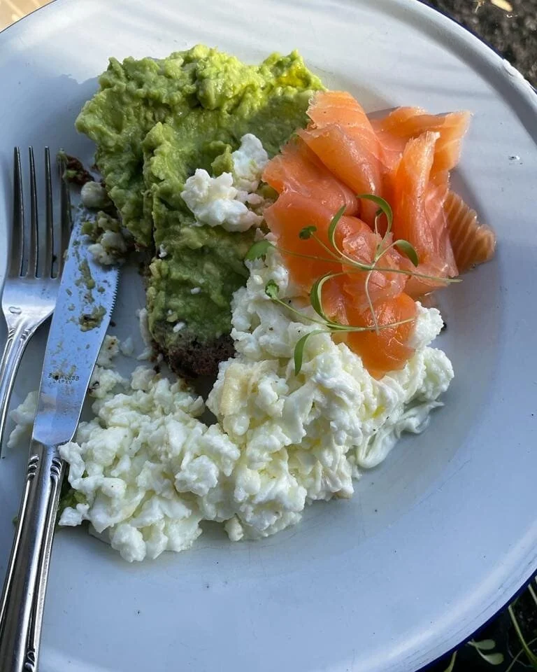 Scrambled egg whites,  smoked and smashed avocado on some homemade fruit, nut and seed bread. The egg whites  were left over from my mother's day bakes. Do not throw egg whites away, you can make soup, meringue or omelettes. They are light and fillin