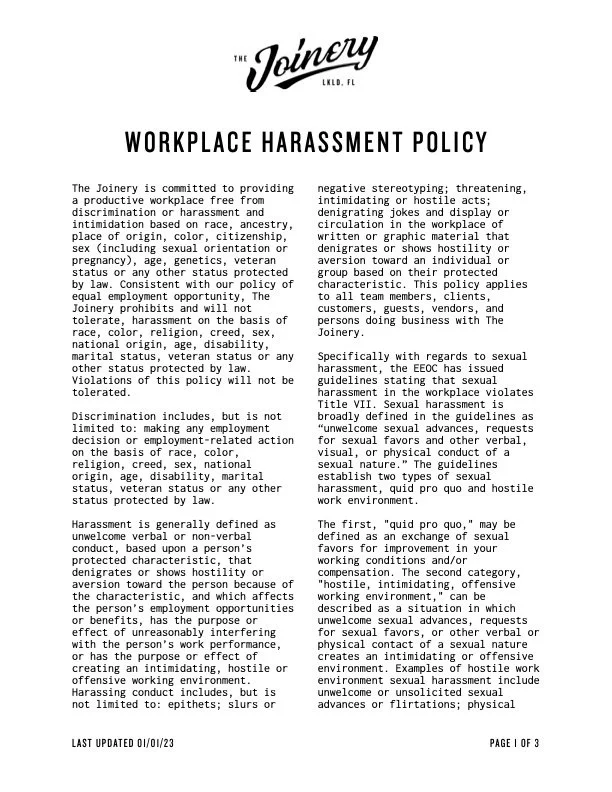 Workplace Harassment Policy
