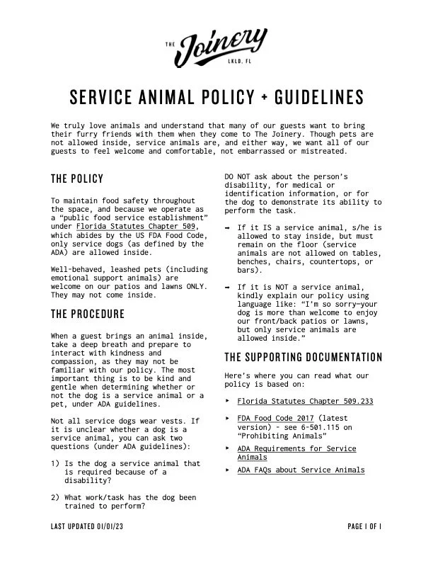 Service Animals Policy