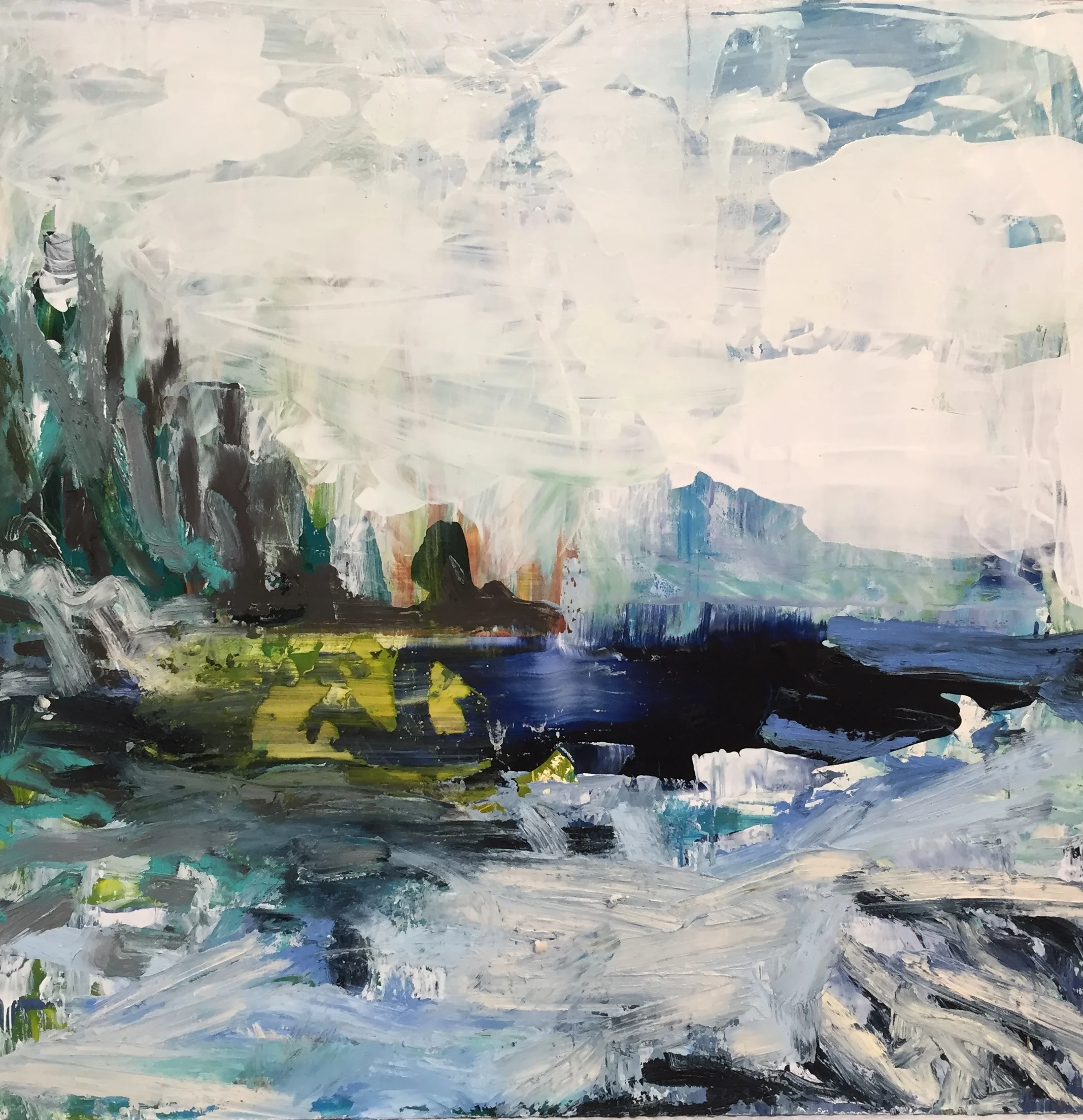 Thin Ice , 2018 encaustic/mixed media on clayboard 12”x12" framed 12.75" sq. (white) $375