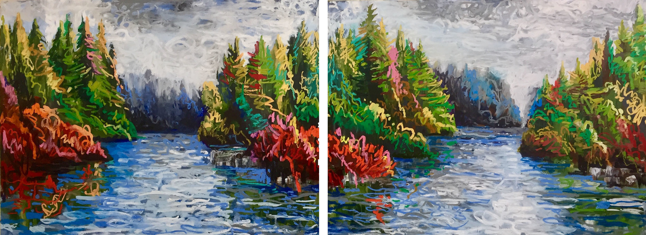 Squiggle Coast 21A and 21B (diptych) , 2018 encaustic/mixed media on wood, 36”x96". SOLD