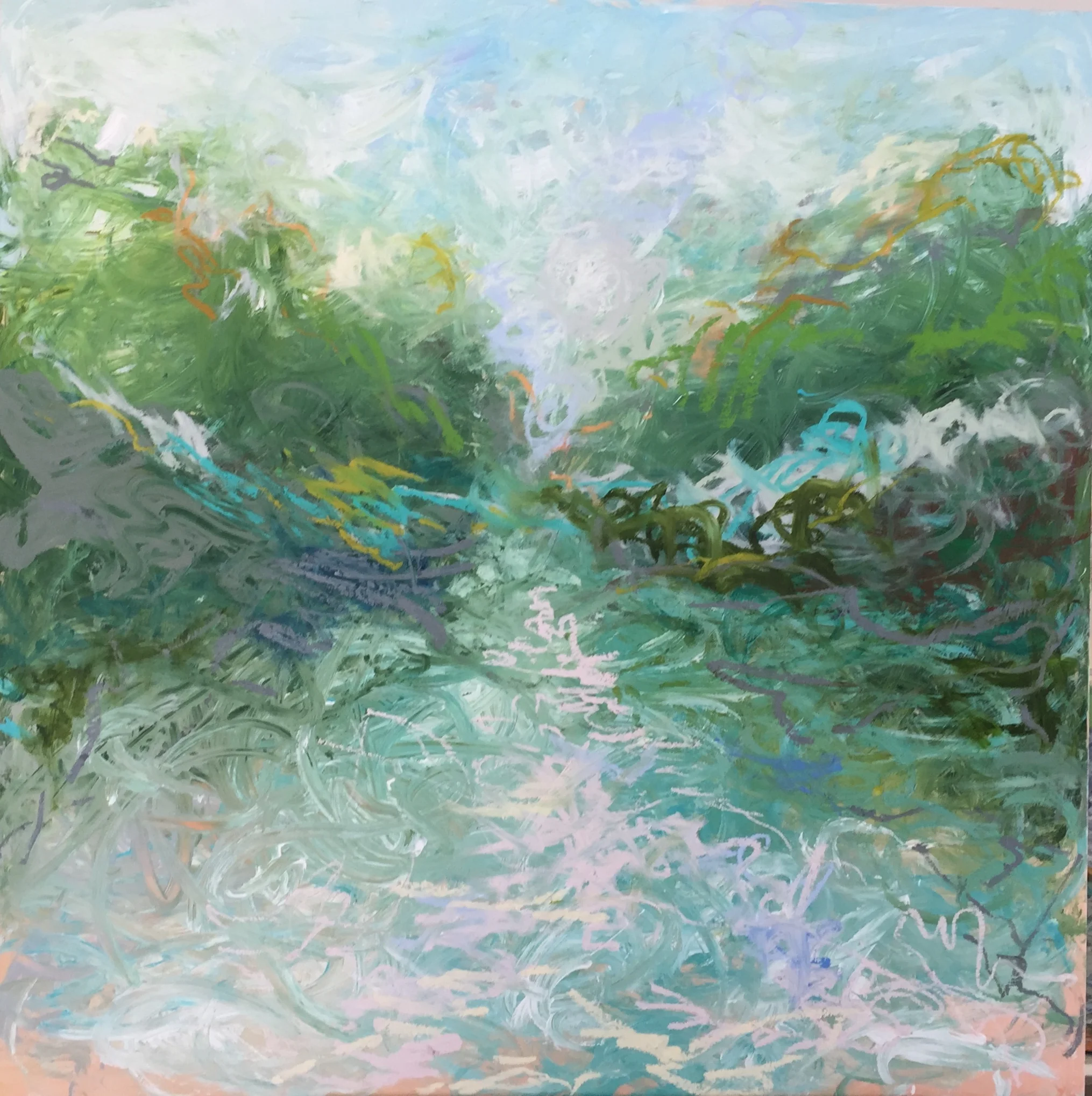 Morning Paddle #3, 2019 encaustic/mixed media on wood, 40”x40". $2900