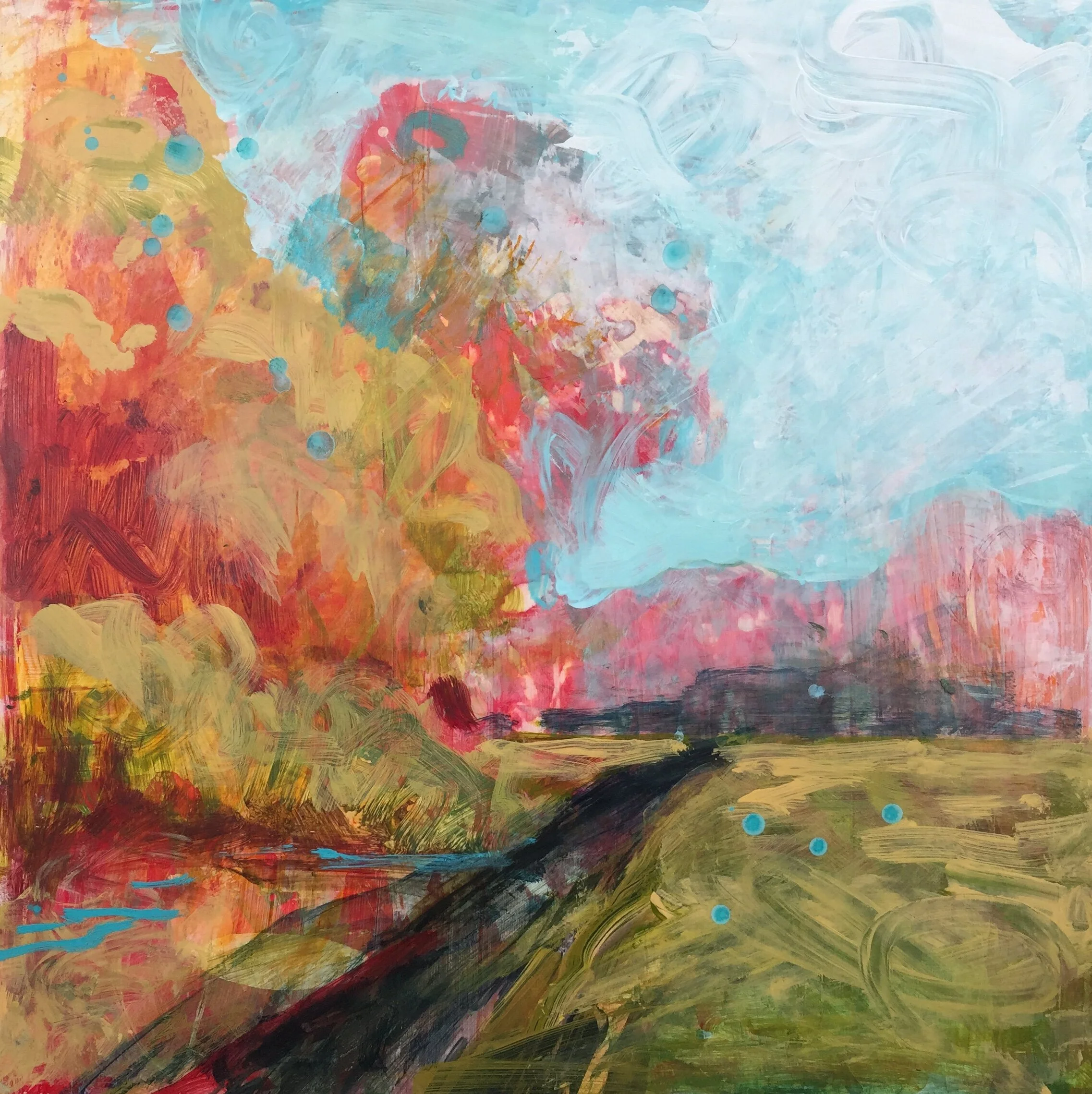 Approaching the Candy Floss Forest, 2019 encaustic/mixed media on board 12”x12” in 20.5”x20.5" white frame SOLD