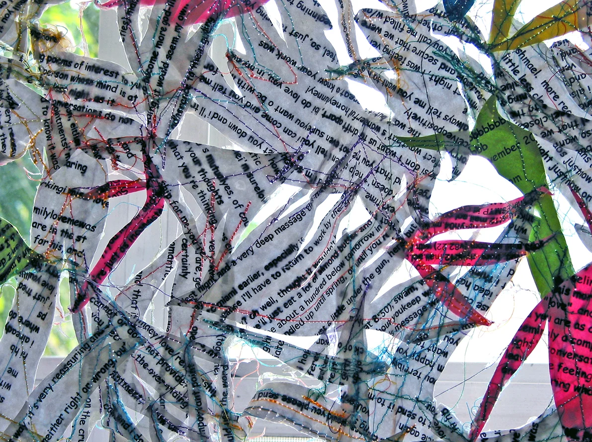 CURTAIN (detail) Emails, thread, gel medium | 58 x 60 inches