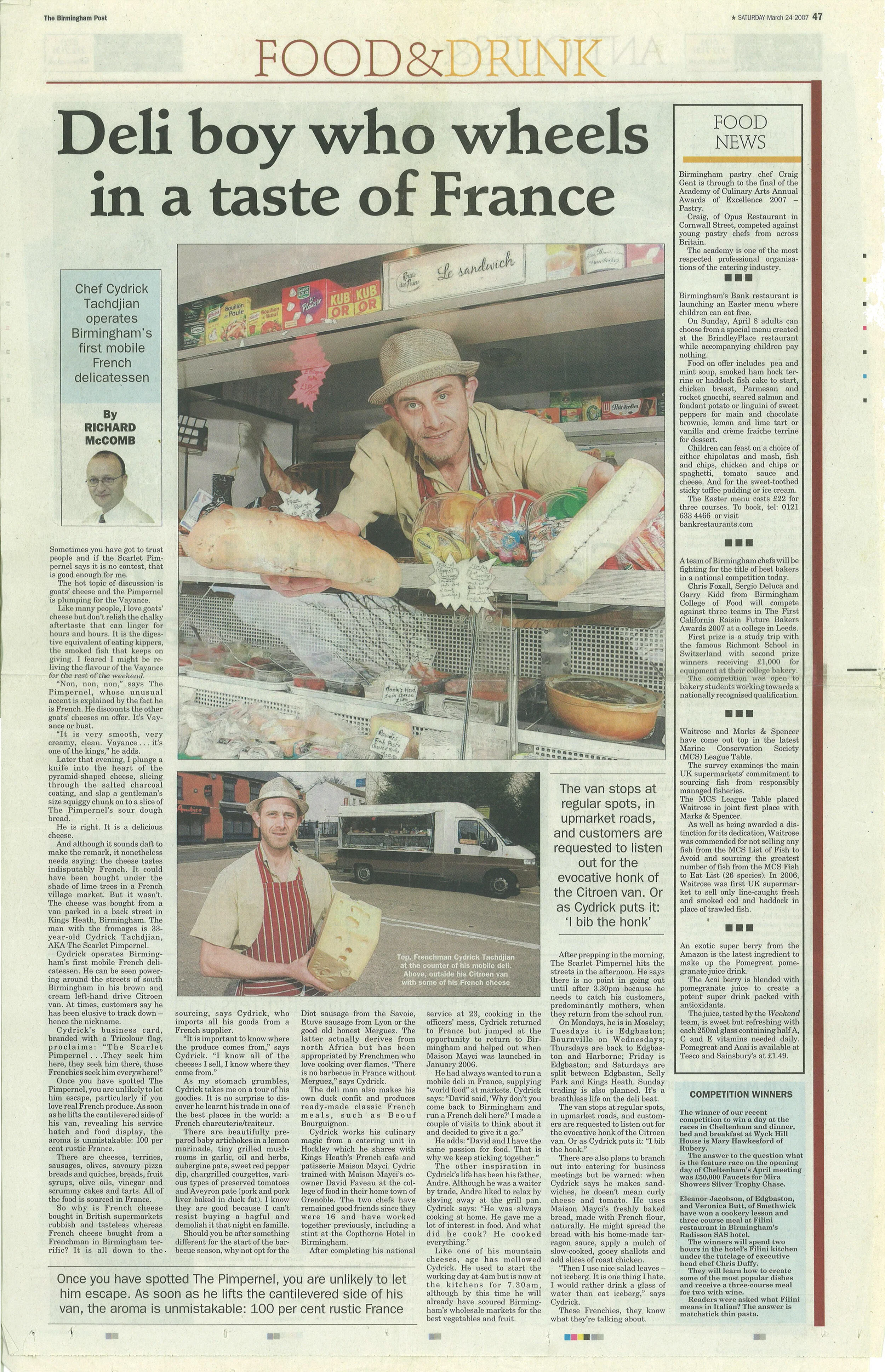Birmingham Mail Food & Drink Extract. Headline reads: "Deli boy who wheels in a taste of France"