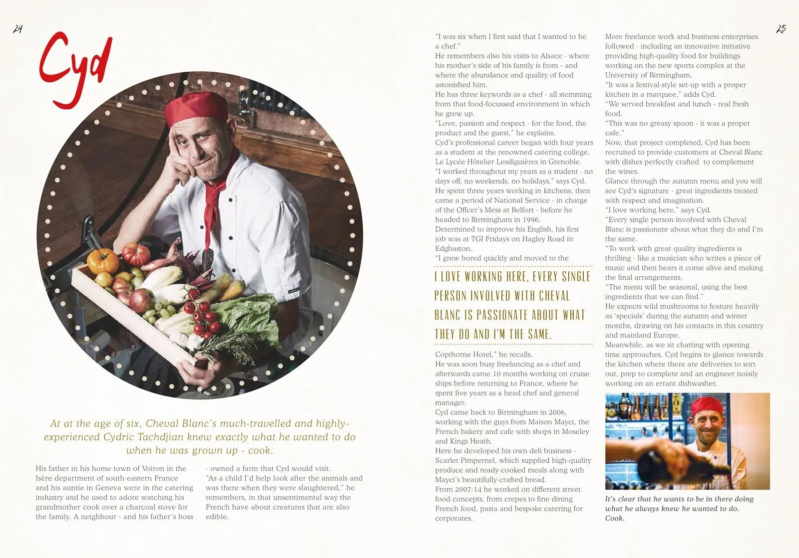 Extract from cheval blanc magazine with large image of Cyd with pallet of fruit and vegetables